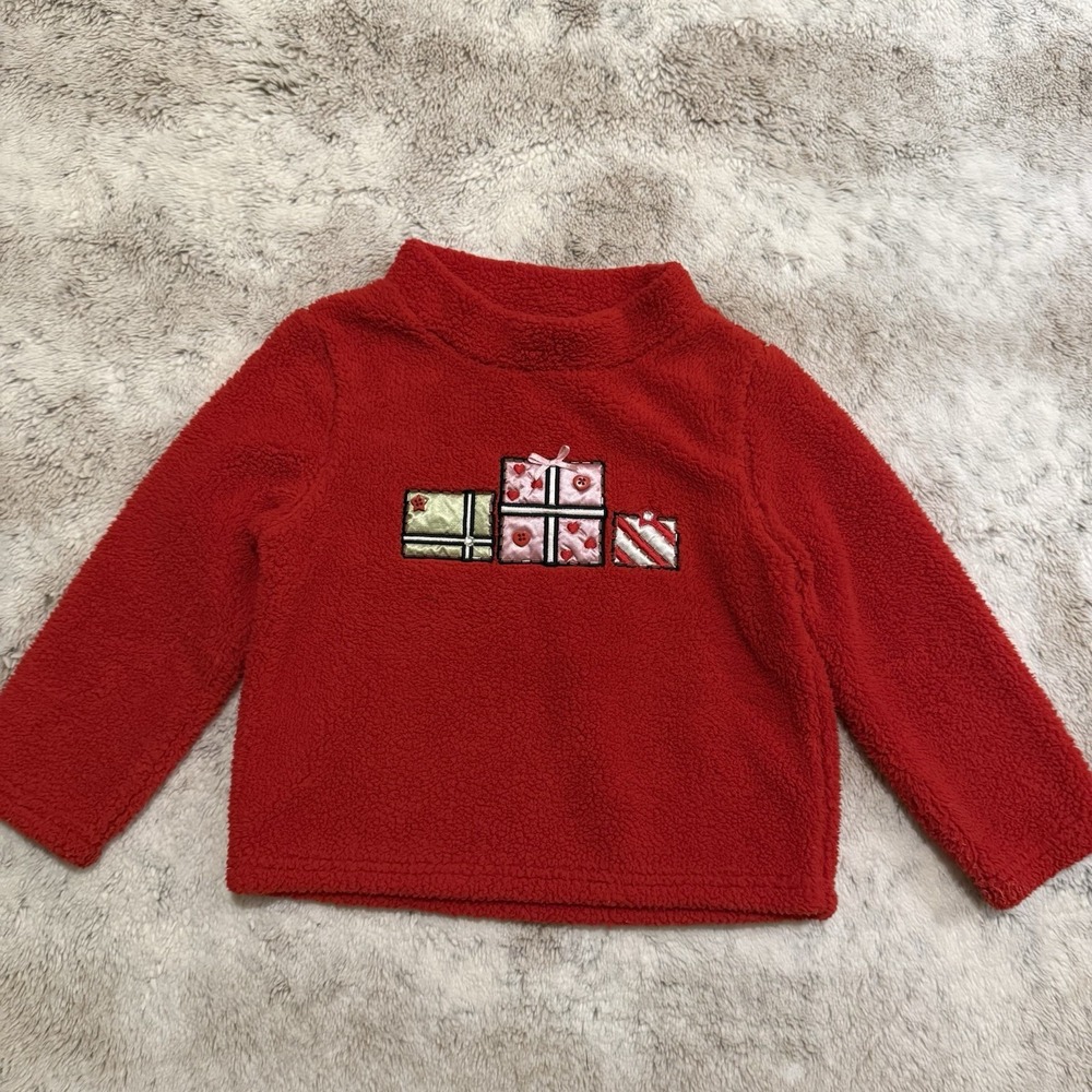 Red Fleece Christmas Sweater With Present Design Youth Girls Size 4